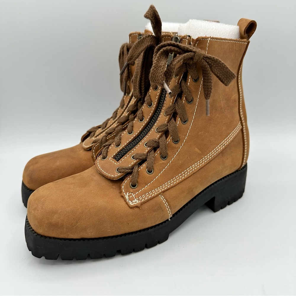Vintage 9 West Combat Boots leather Carmel tan zip and tie closure lug sole Y2K